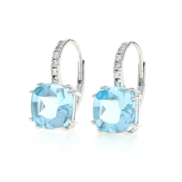White Gold Blue Topaz Diamond Drop Earrings 18k Buff Top Cushion 5.08ctw Pierced - Picture 2 of 4
